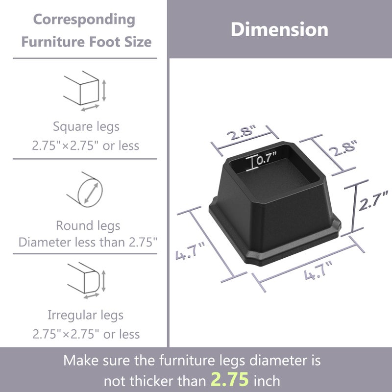 Napnapday Bed Risers 2 Inch Heavy Duty Bed Furniture Elevators  1 500 lbs Lifts Up Riser for Sofa and Table Set of 4  Black - Image 2